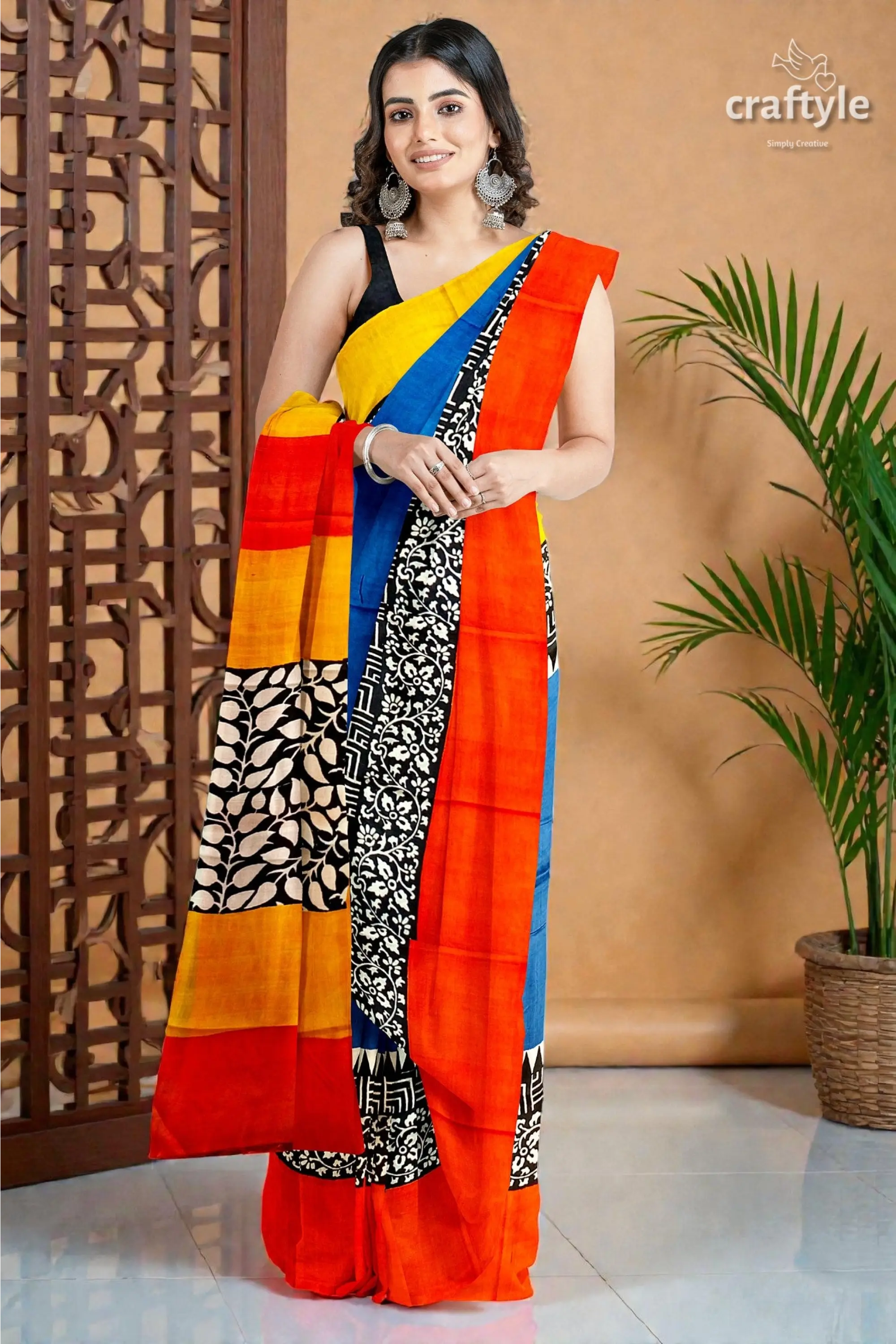 Hand block print pure mulberry silk saree in brilliant azure blue multicolor 1