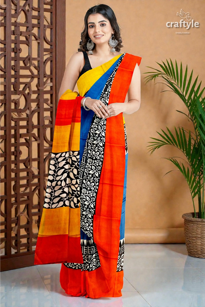 Hand block print pure mulberry silk saree in brilliant azure blue multicolor 1