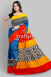 Hand Block Print Pure Mulberry Silk Saree in Brilliant Azure Blue Multicolor - Craftyle