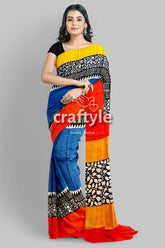 Hand Block Print Pure Mulberry Silk Saree in Brilliant Azure Blue Multicolor - Craftyle