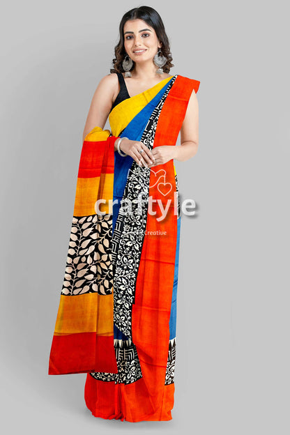 Hand Block Print Pure Mulberry Silk Saree in Brilliant Azure Blue Multicolor - Craftyle