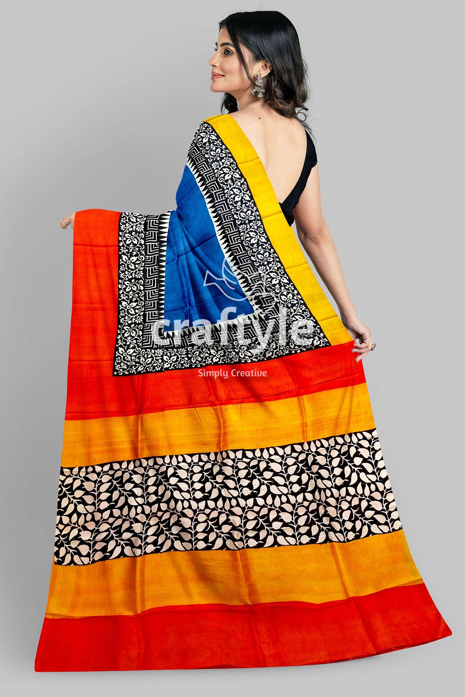 Hand Block Print Pure Mulberry Silk Saree in Brilliant Azure Blue Multicolor - Craftyle