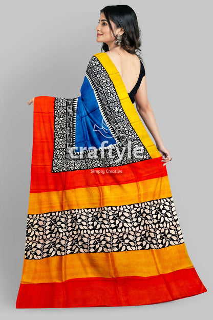 Hand Block Print Pure Mulberry Silk Saree in Brilliant Azure Blue Multicolor - Craftyle