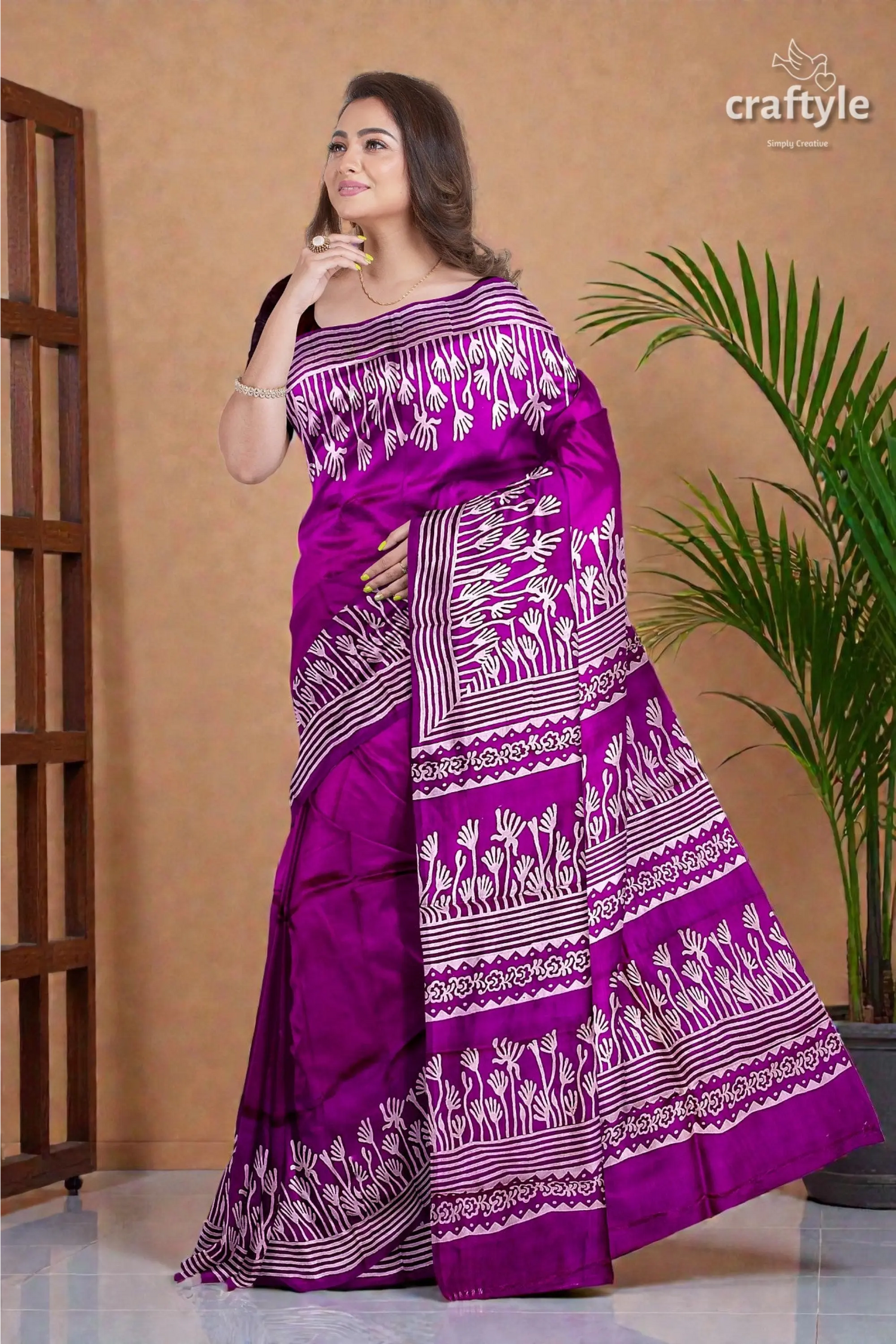 Hand block print pure mulberry silk saree - purple white elegant indian sari 2