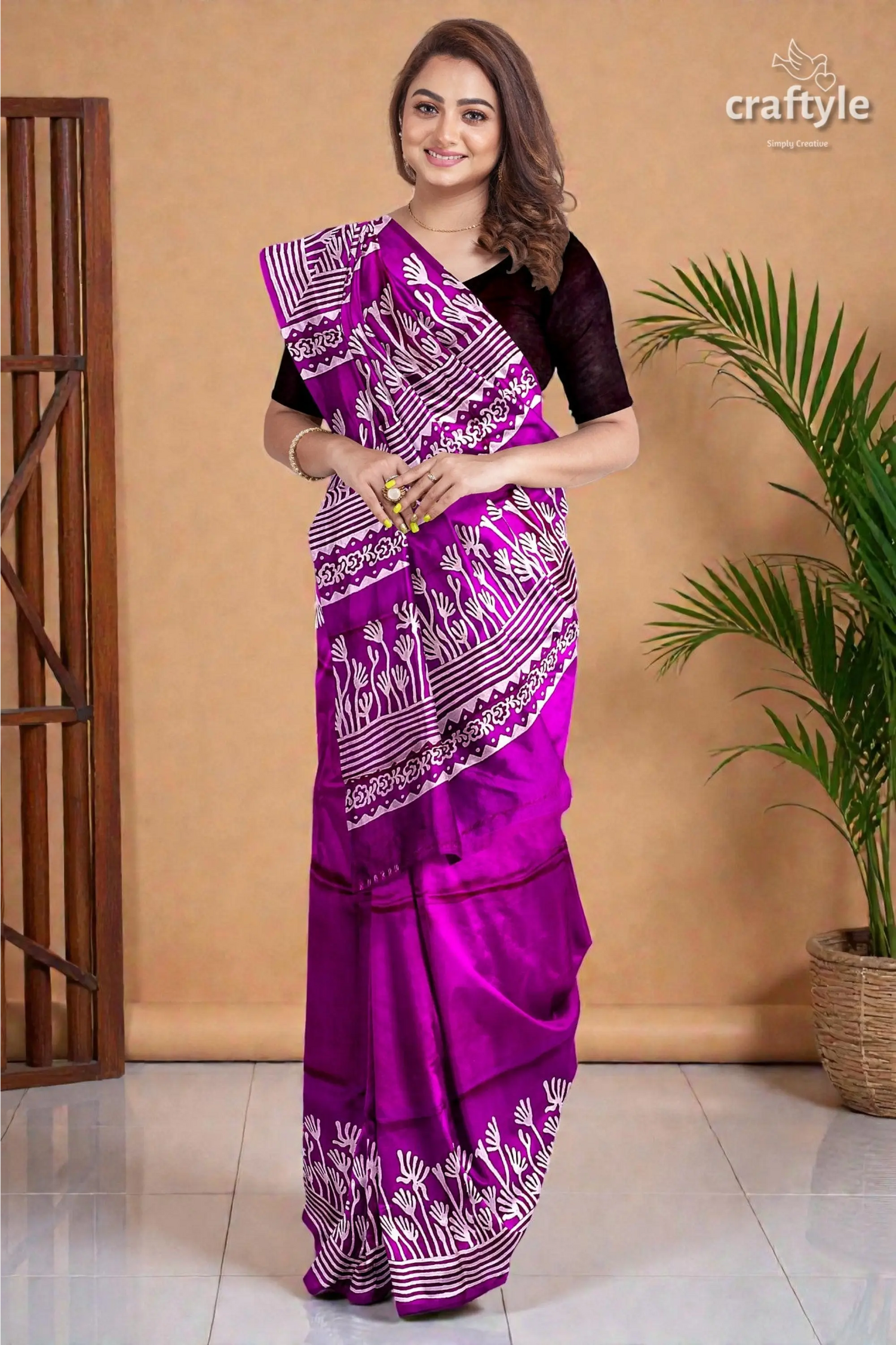 Hand block print pure mulberry silk saree - purple white elegant indian sari 1