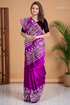 Hand block print pure mulberry silk saree - purple white elegant indian sari 1