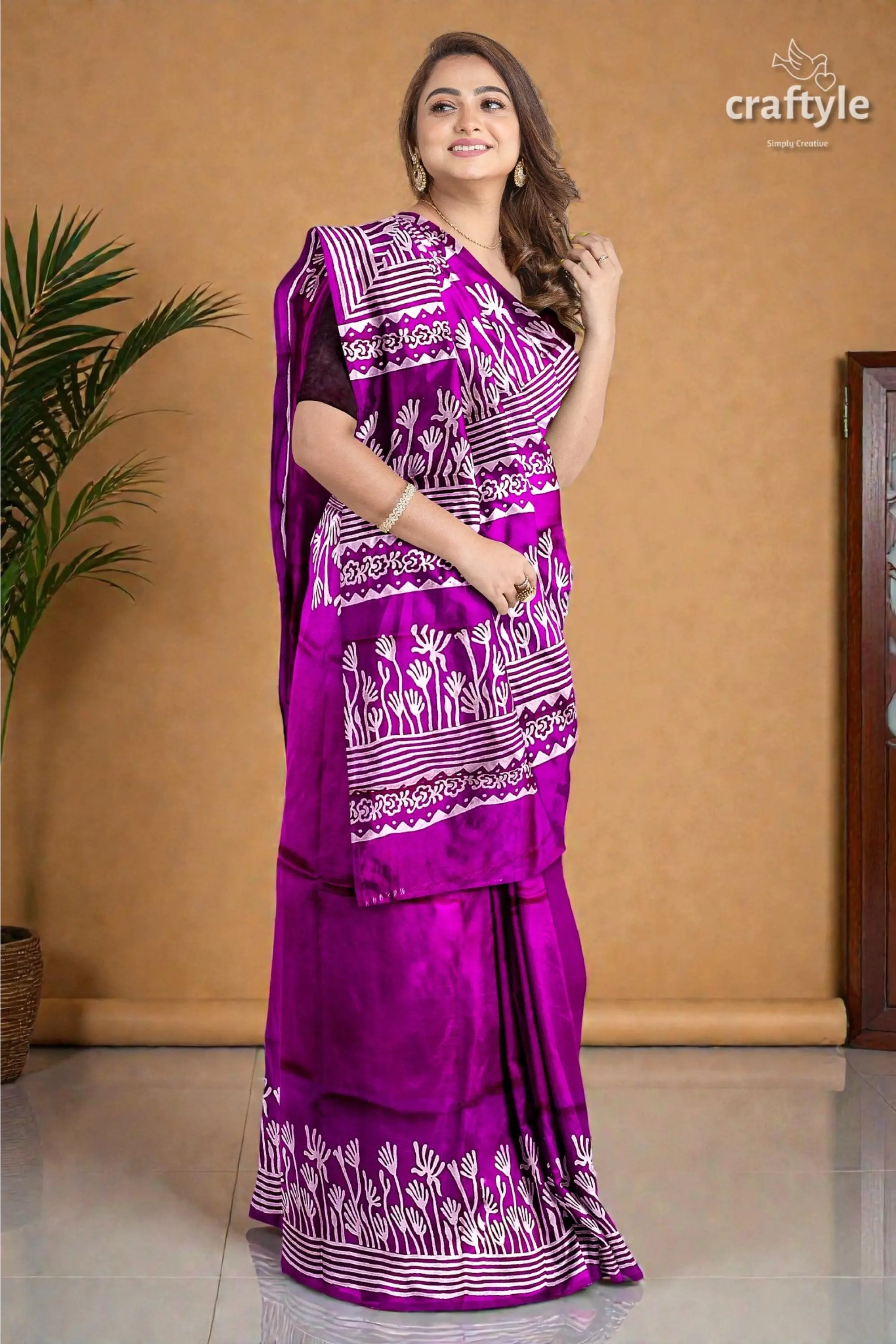 Hand block print pure mulberry silk saree - purple white elegant indian sari 4