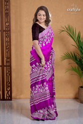 Hand block print pure mulberry silk saree - purple white elegant indian sari 3