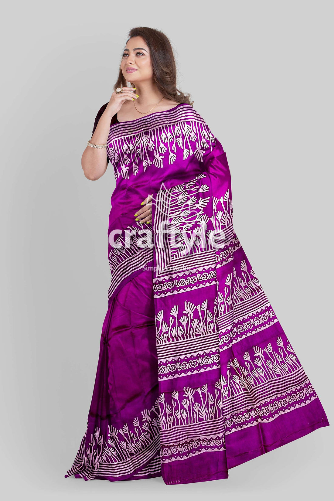 Hand Block Print Pure Mulberry Silk Saree - Purple White Elegant Indian Silk Sari - Craftyle