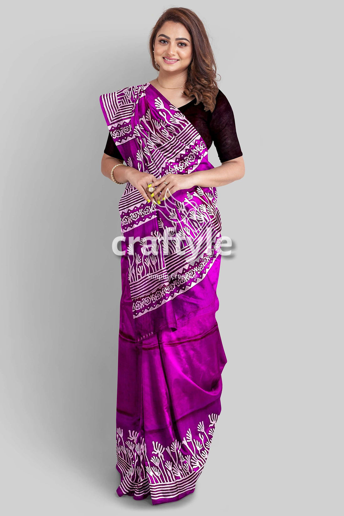 Hand Block Print Pure Murshidabad Silk Saree - Purple White Elegant Indian Silk Sari-Craftyle