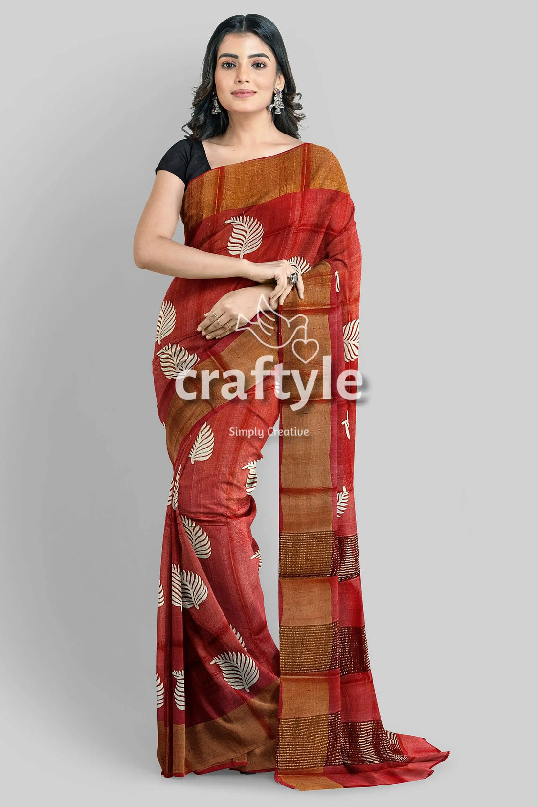 Hand block print reddish brown pure tussar silk saree with zari border red brown saree leaf pattern 2