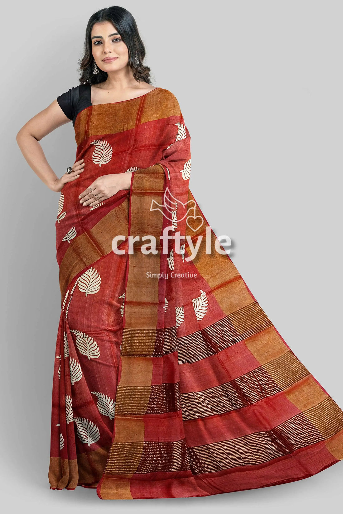 Hand block print reddish brown pure tussar silk saree with zari border red brown patterned saree 1