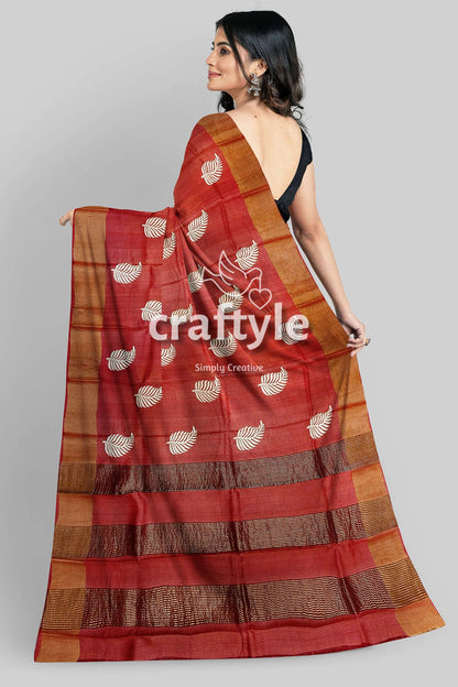 Hand Block Print Reddish Brown Pure Tussar Silk Saree with Zari Border - Craftyle