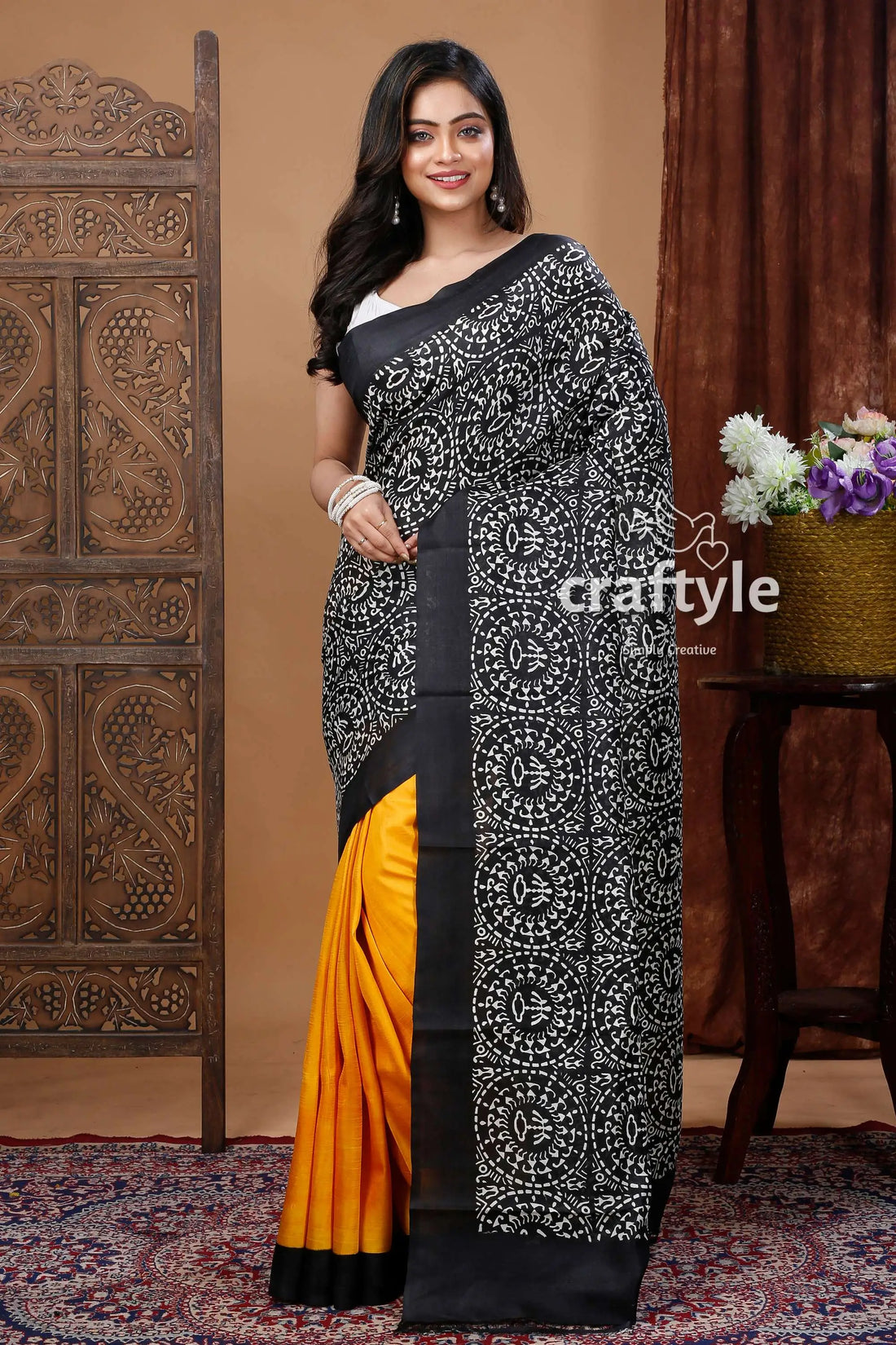 Hand block print yellow and black warli design pure mulberry silk saree woman black yellow patterned saree 1