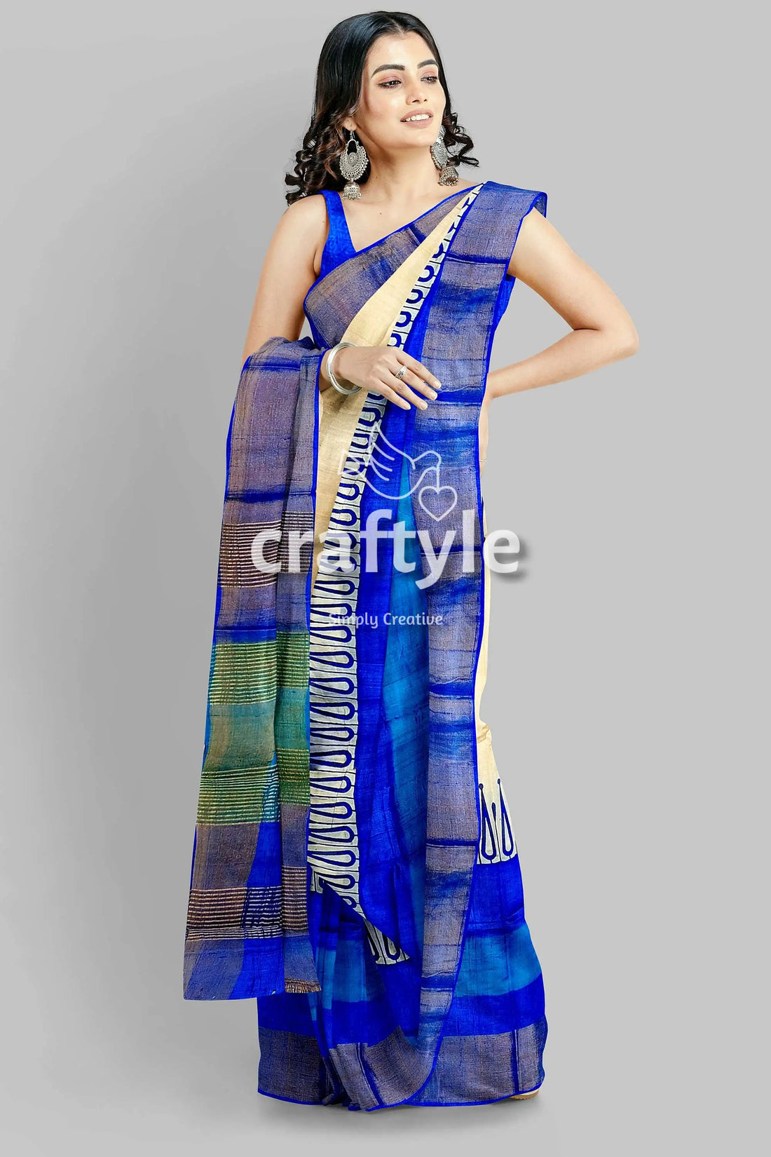 Hand block printed azure blue pure tussar silk saree with zari border elegant blue cream saree 2