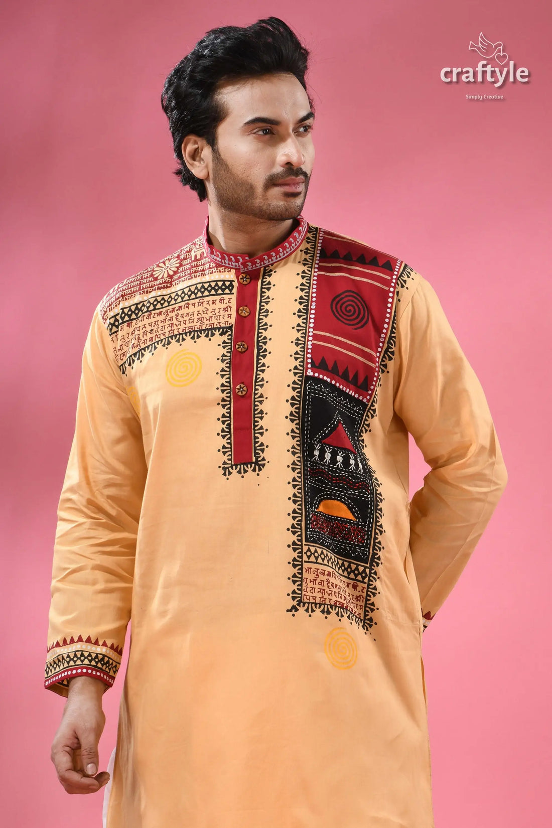 Hand block printed cotton panjabi for men applique with embroidery men’s peach colored long sleeve kurta intricate 2