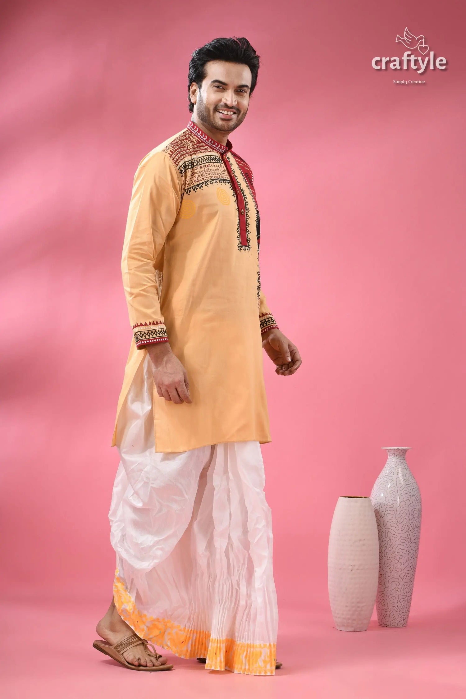 Hand block printed cotton panjabi for men applique with embroidery man traditional light orange kurta 4