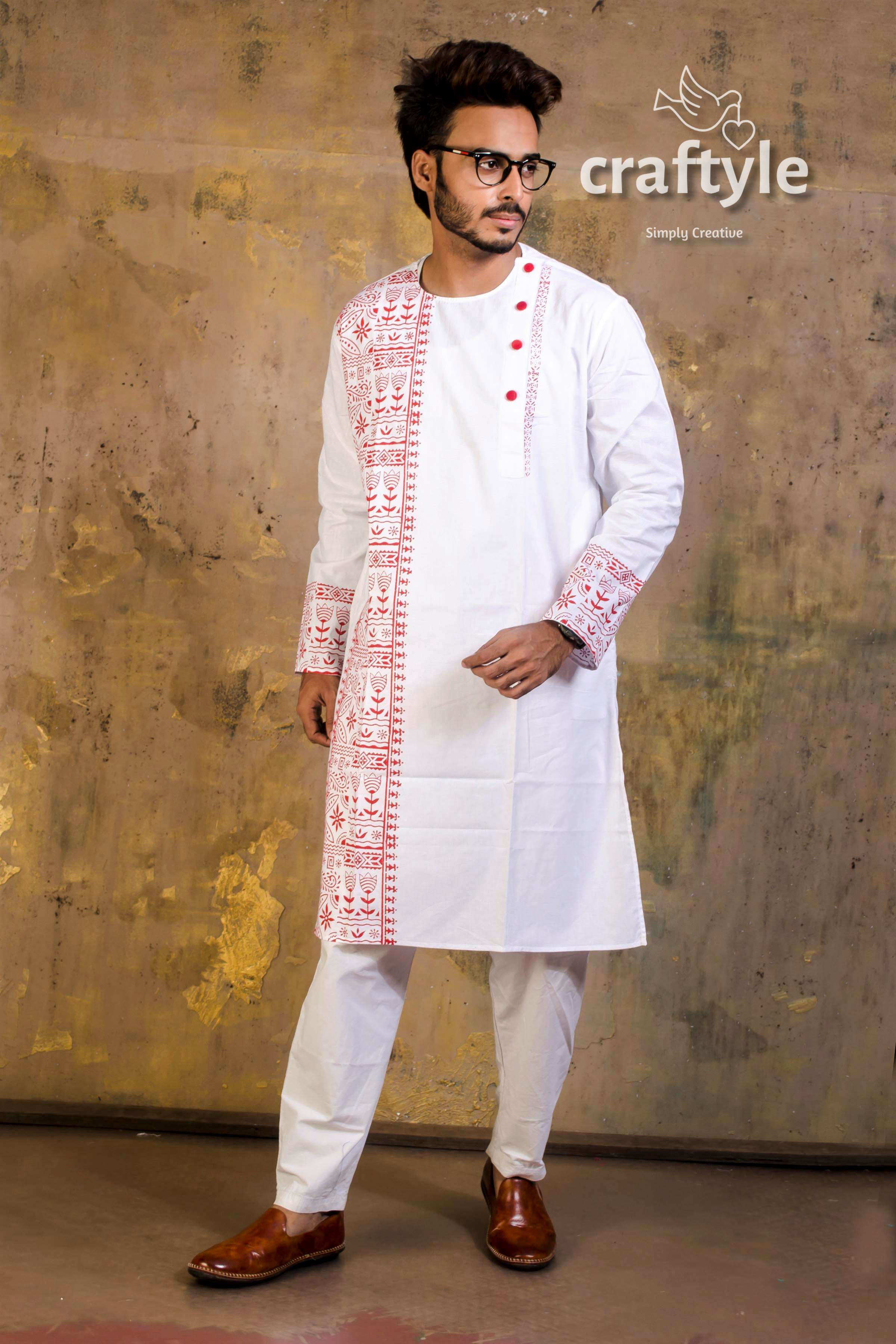 Hand Block Printed Cotton Panjabi | Mens Kurta - Craftyle