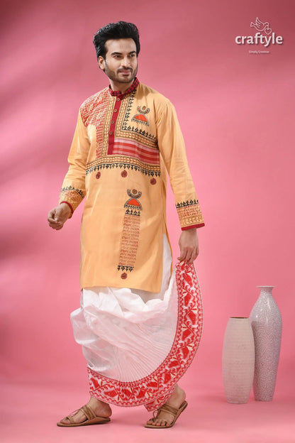 Hand block printed cotton punjabi with applique ethnic men’s wear men’s embroidered traditional kurta dhoti 4