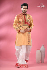 Hand block printed cotton punjabi with applique ethnic men’s wear men’s peach colored kurta red black 5
