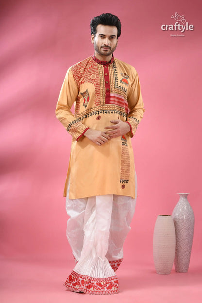 Hand block printed cotton punjabi with applique ethnic men’s wear men’s peach colored kurta red black 5