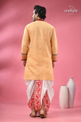 Hand block printed cotton punjabi with applique ethnic men’s wear men’s peach colored kurta white red 8