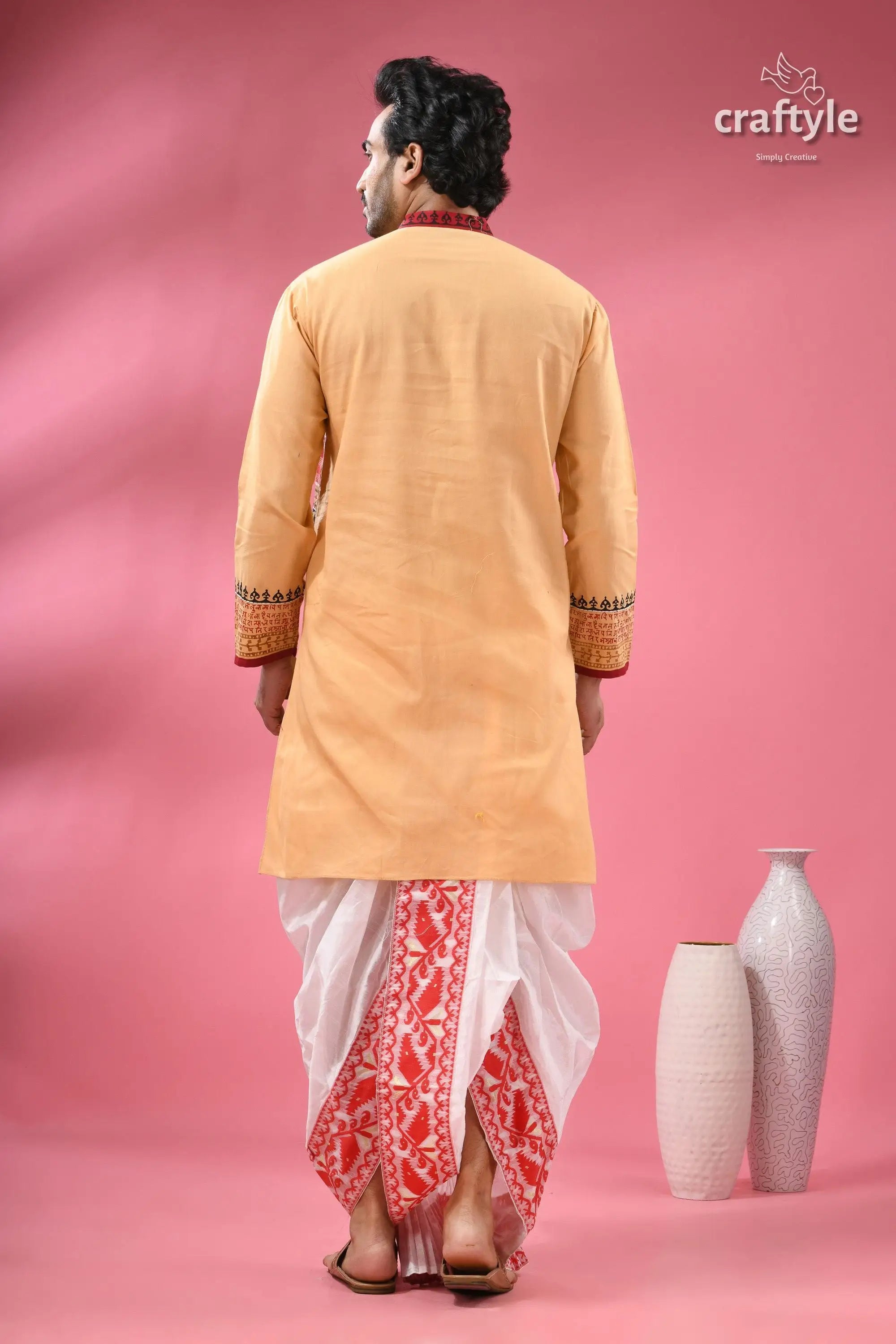Hand block printed cotton punjabi with applique ethnic men’s wear men’s peach colored kurta white red 8