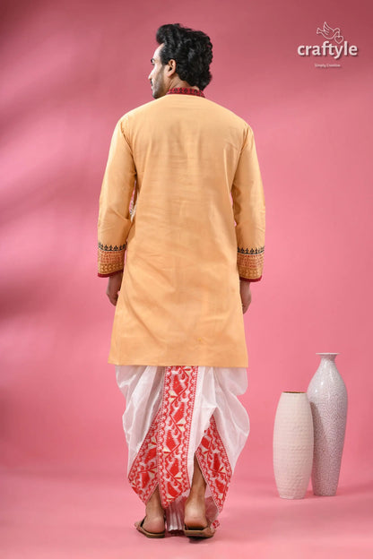 Hand block printed cotton punjabi with applique ethnic men’s wear men’s peach colored kurta white red 8