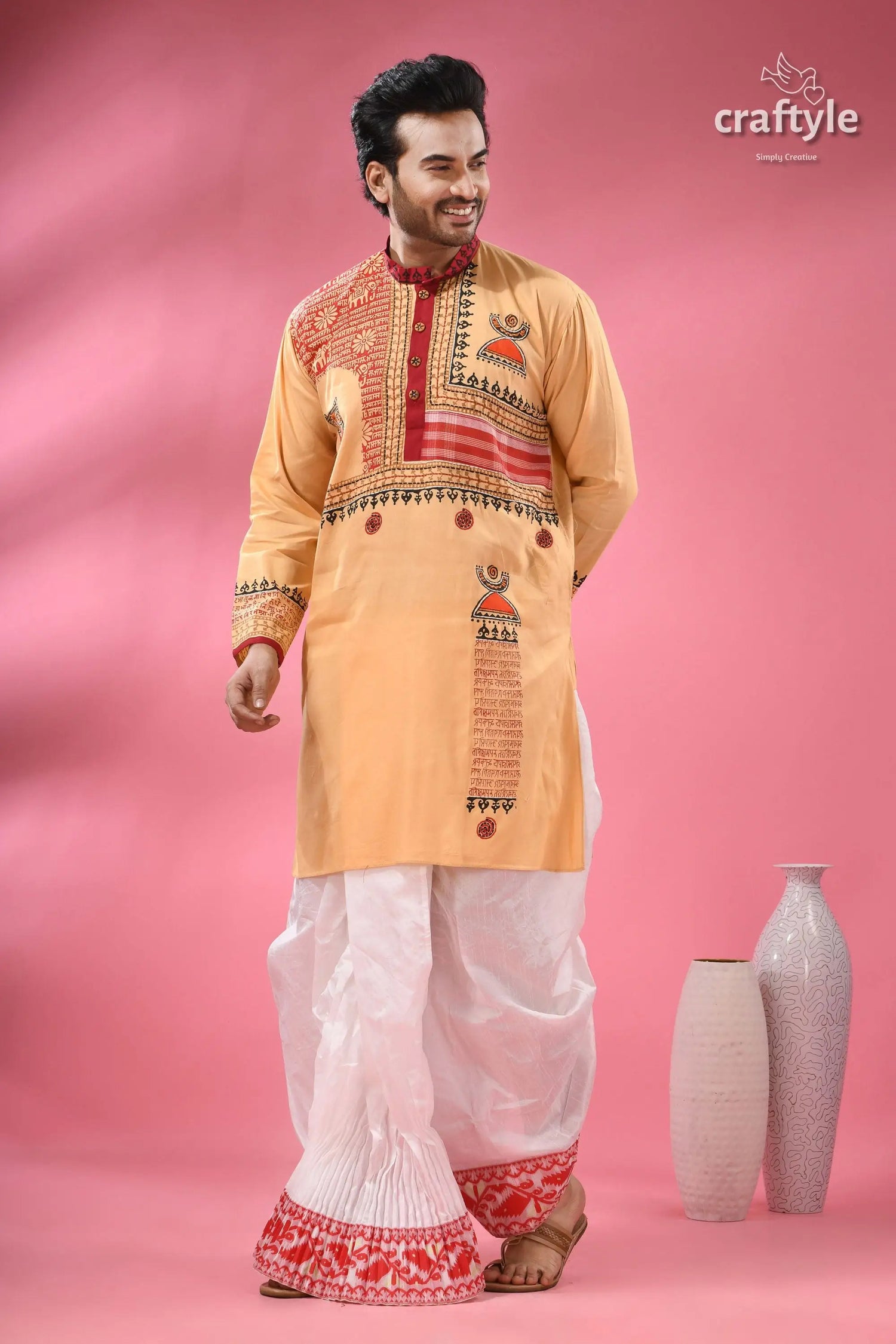 Hand block printed cotton punjabi with applique ethnic men’s wear men’s embroidered kurta dhoti set 3