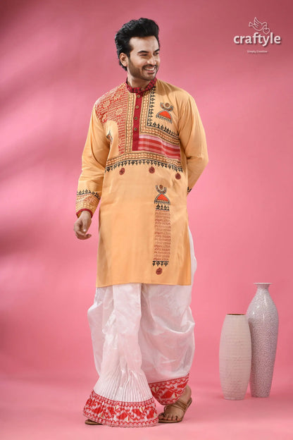 Hand block printed cotton punjabi with applique ethnic men’s wear men’s embroidered kurta dhoti set 3