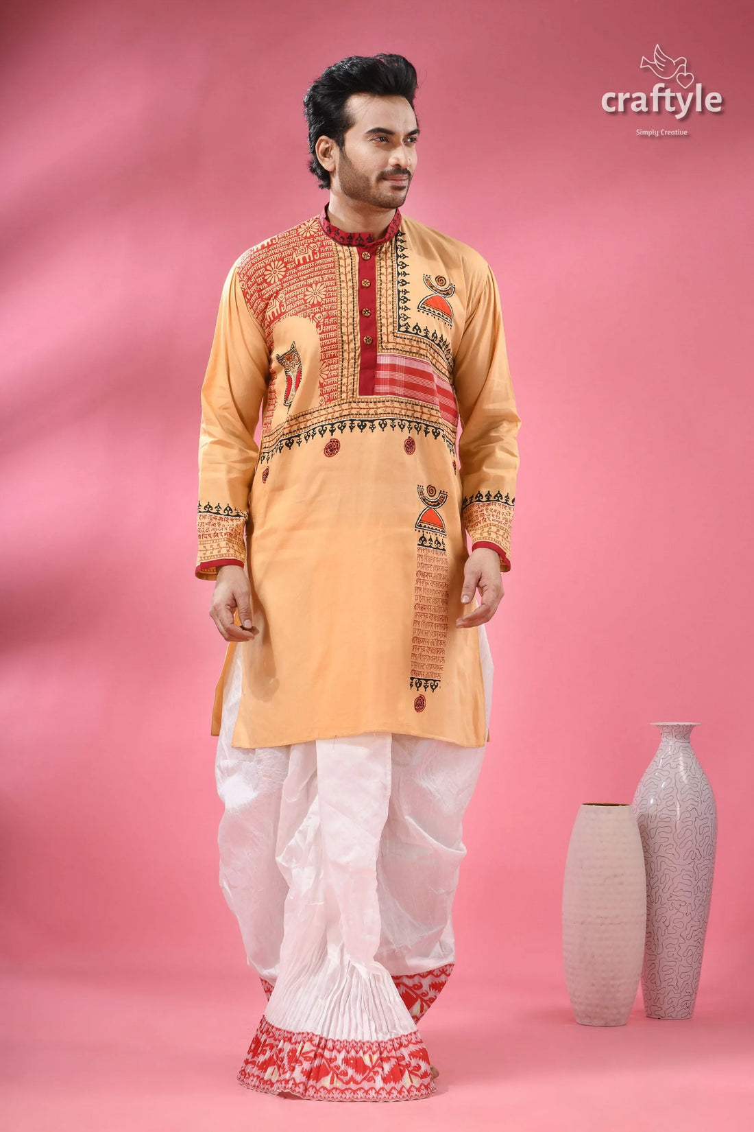 Hand block printed cotton punjabi with applique - ethnic menās wear man traditional light orange kurta 1