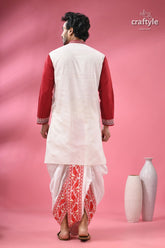 Hand block printed men’s panjabi with applique & embroidery men’s white kurta red sleeves 8