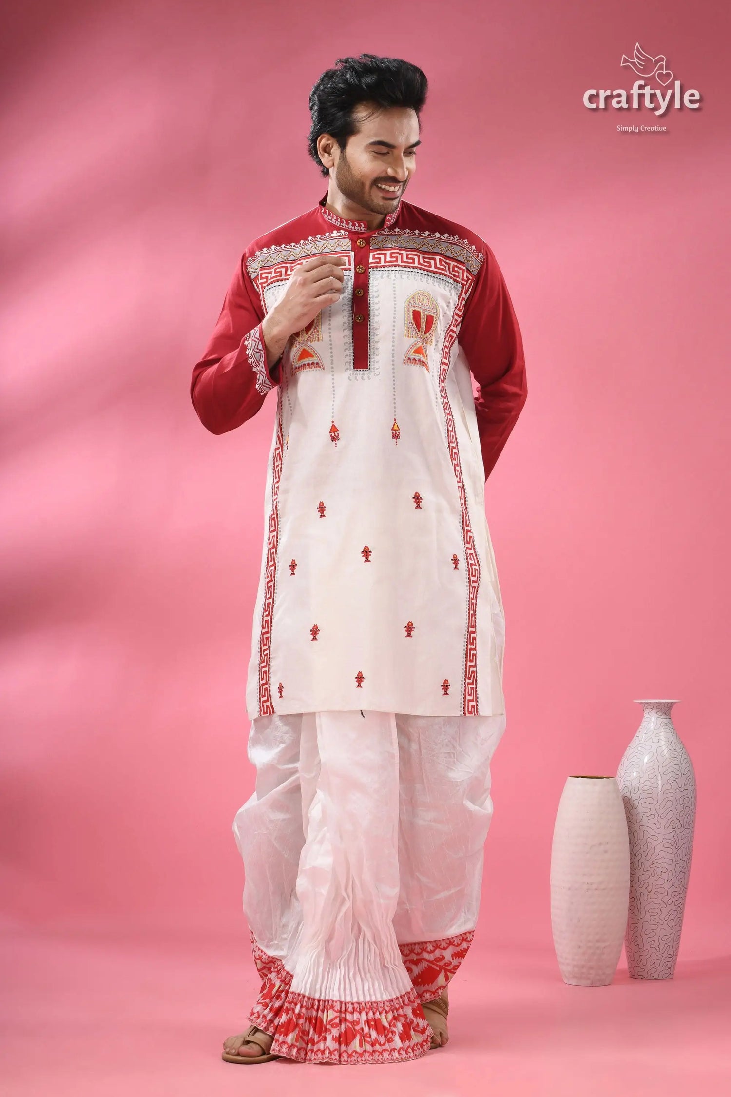 Hand block printed men’s panjabi with applique &amp; embroidery men’s white maroon kurta dhoti style 3