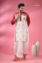 Hand block printed men’s panjabi with applique & embroidery men’s white maroon kurta dhoti style 3