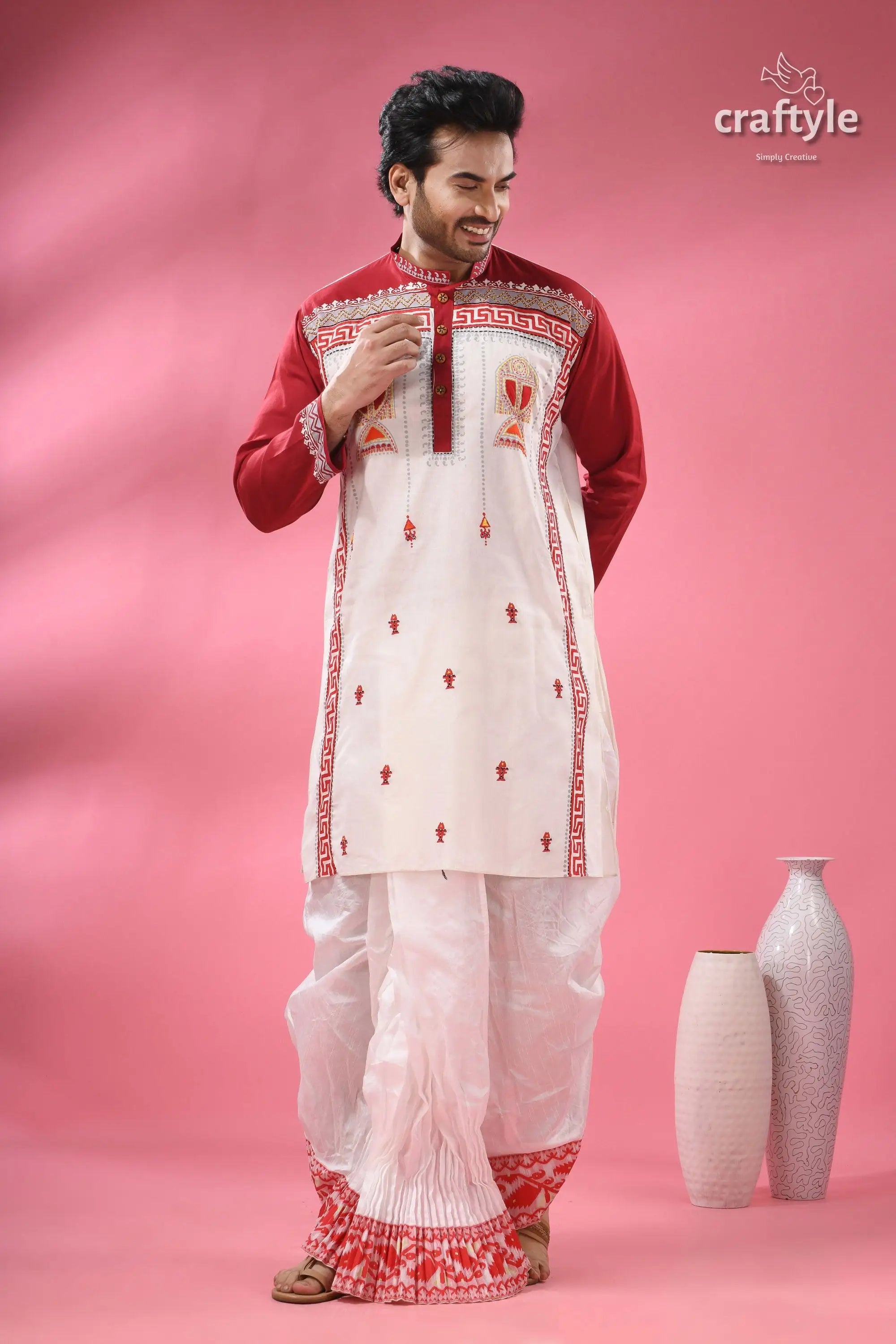 Hand block printed men’s panjabi with applique &amp; embroidery men’s white maroon kurta dhoti style 3