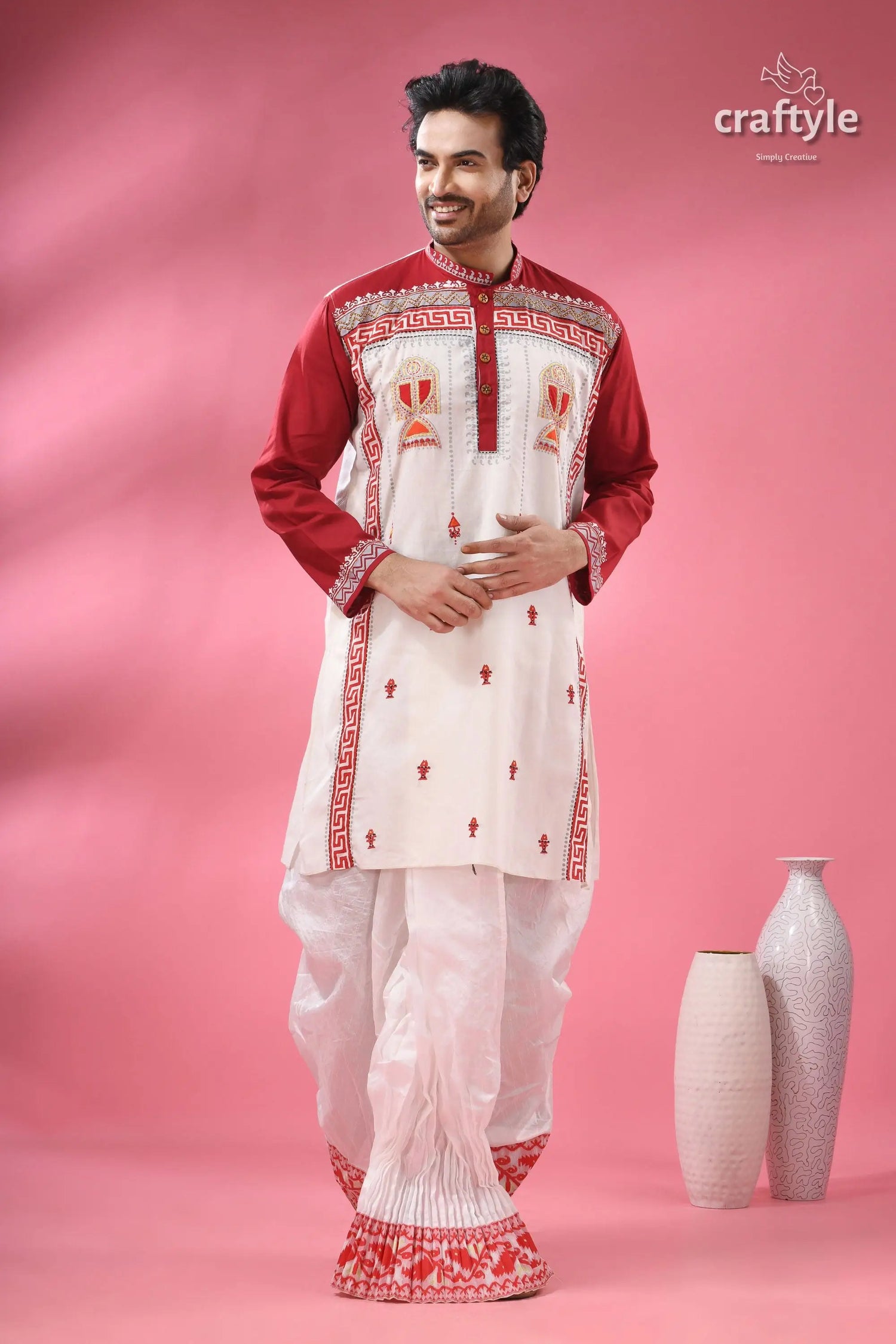 Hand block printed men’s panjabi with applique &amp; embroidery men’s white maroon embroidered kurta 6
