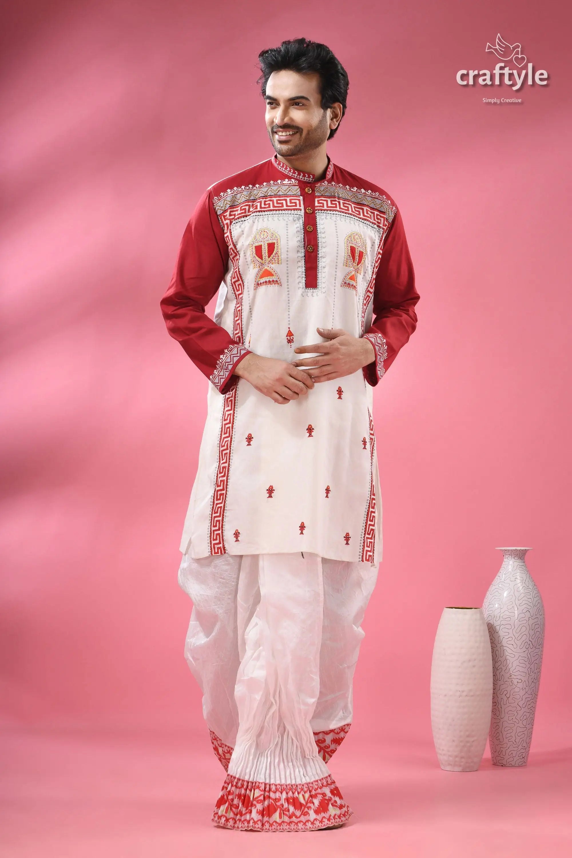 Hand block printed men’s panjabi with applique &amp; embroidery men’s white maroon embroidered kurta 6
