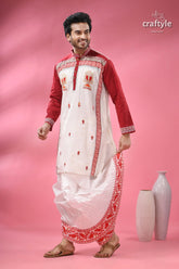 Hand block printed men’s panjabi with applique & embroidery men’s traditional white red kurta 5