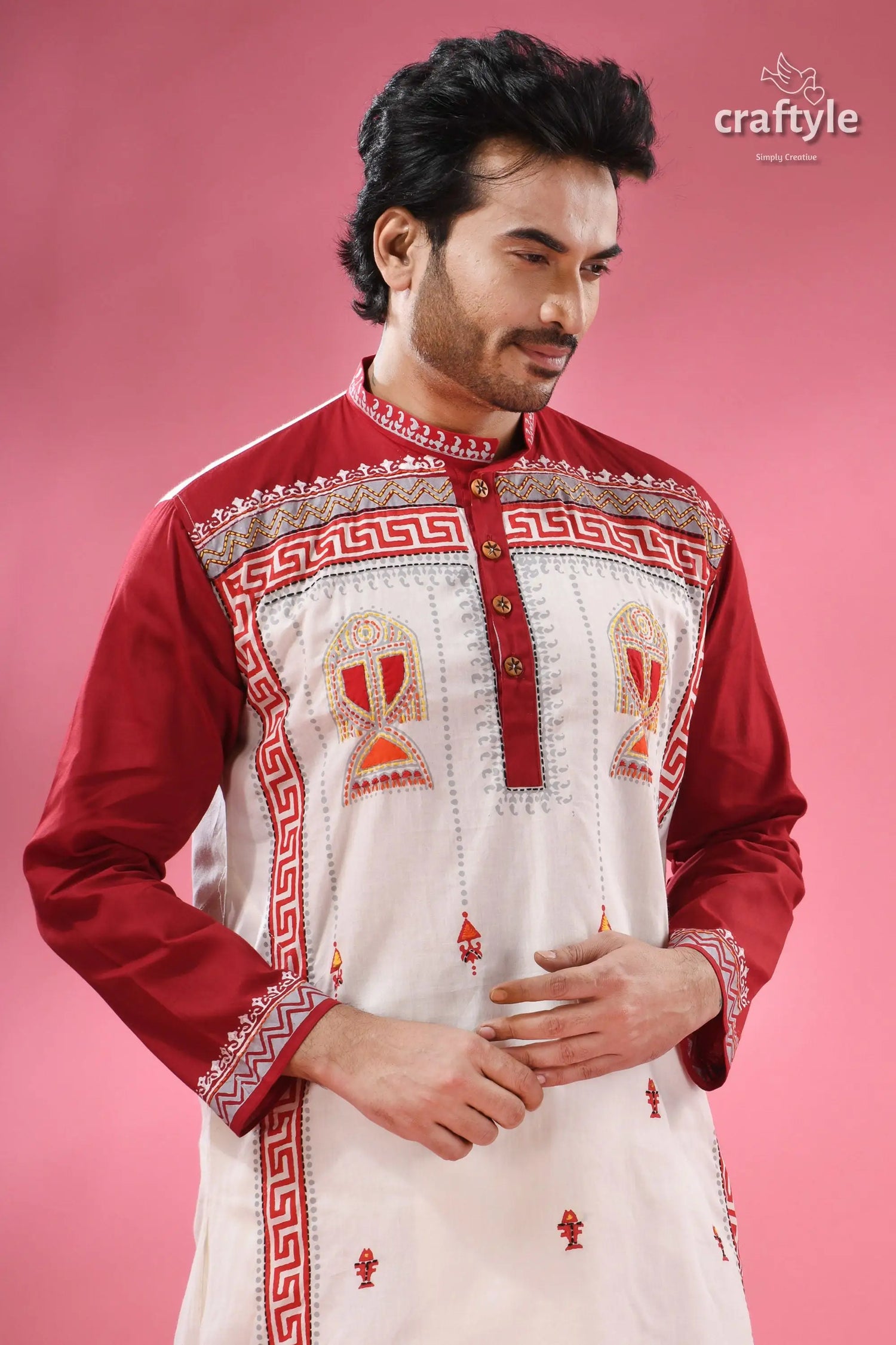 Hand block printed men’s panjabi with applique &amp; embroidery men’s white maroon embroidered cotton 2