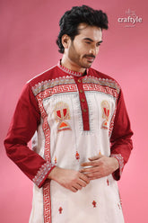 Hand block printed men’s panjabi with applique & embroidery men’s white maroon embroidered cotton 2