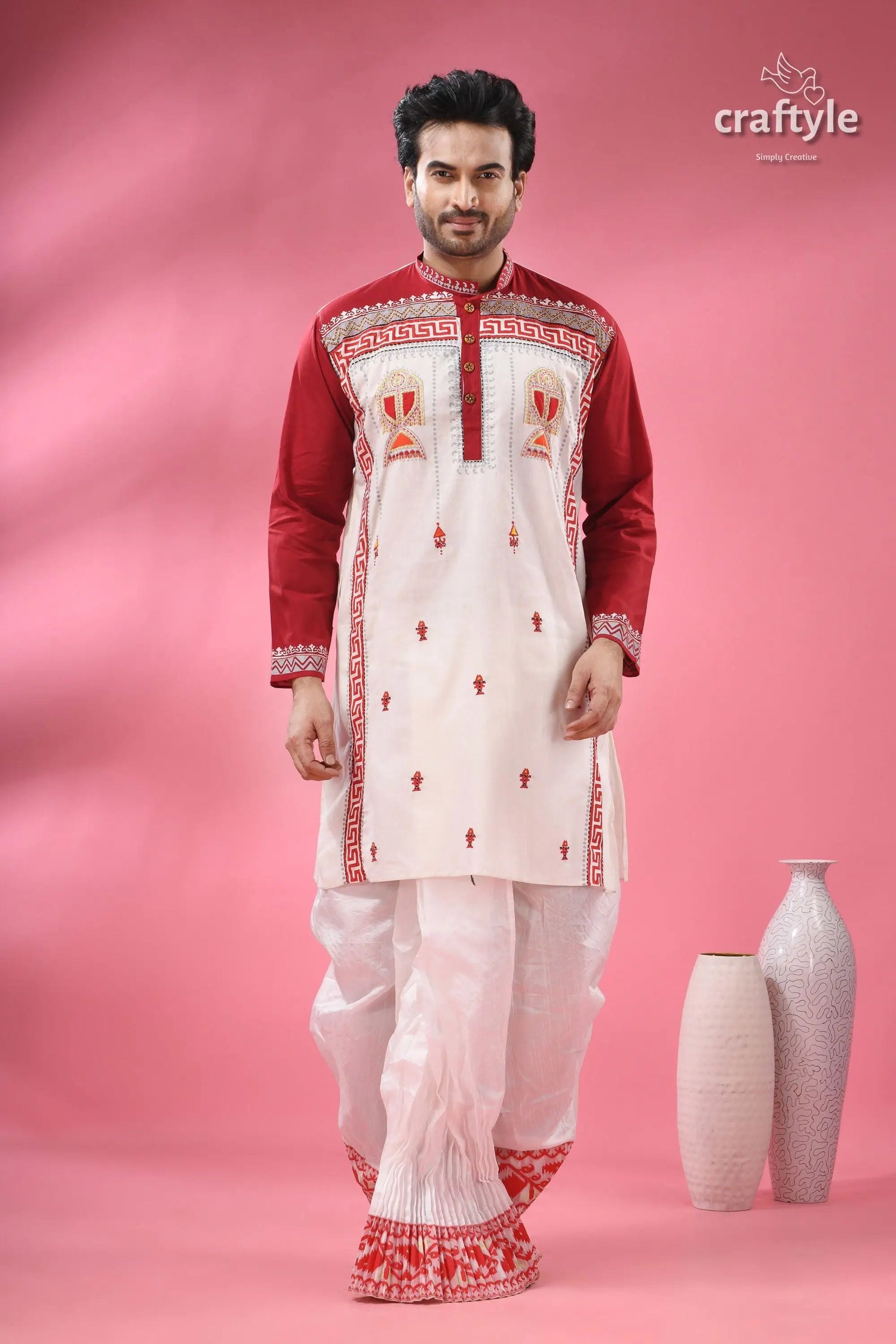 Hand block printed men’s panjabi with applique &amp; embroidery men’s off white red embroidered kurta 1