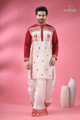 Hand block printed men’s panjabi with applique & embroidery men’s off white red embroidered kurta 1