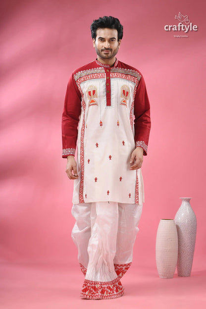 Hand block printed men’s panjabi with applique &amp; embroidery men’s off white red embroidered kurta 1