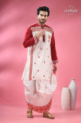 Hand block printed men’s panjabi with applique & embroidery men’s embroidered maroon white kurta 7