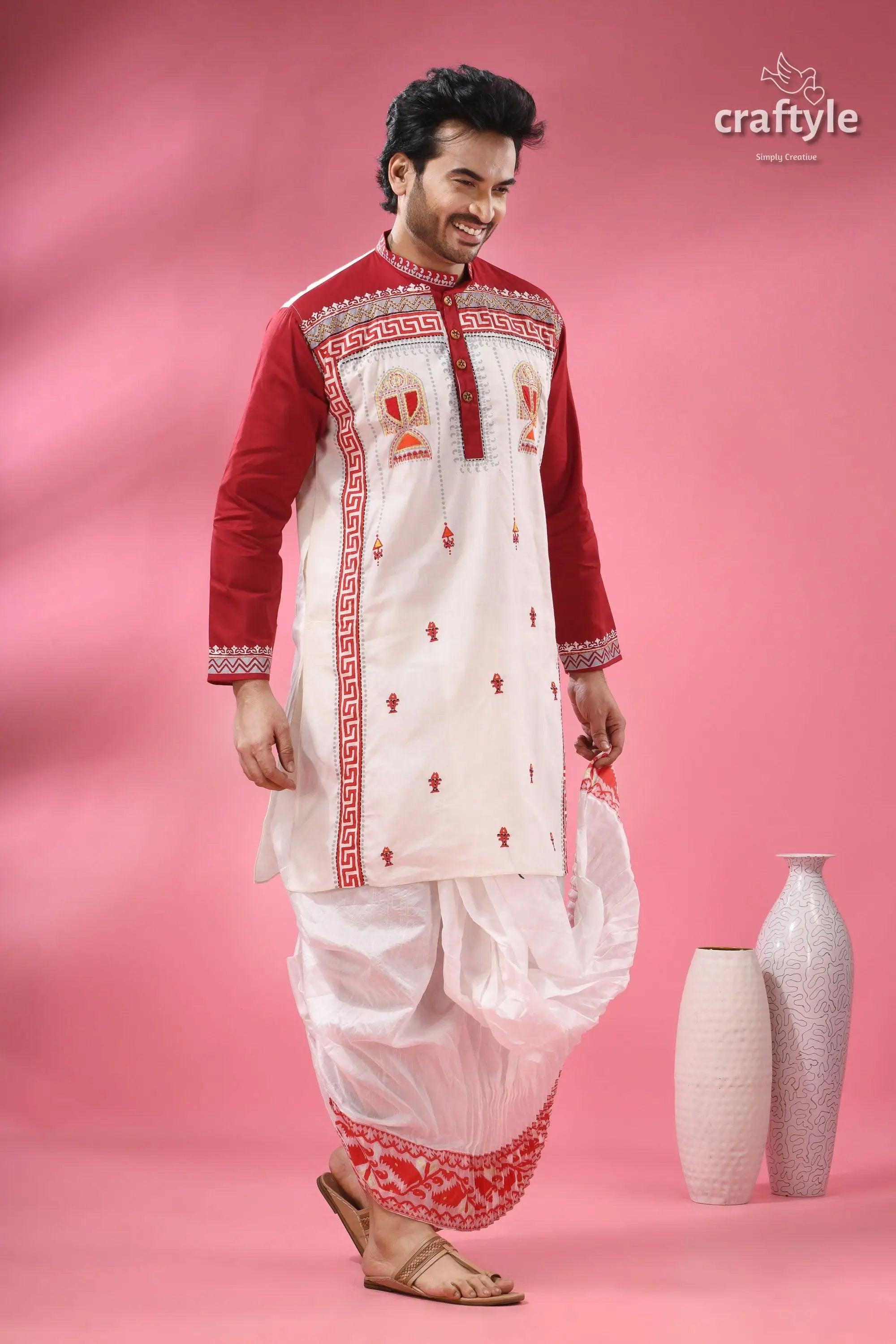Hand block printed men’s panjabi with applique &amp; embroidery men’s white maroon embroidered kurta 4
