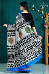 Hand block printed mulberry pure silk saree - goddess motif design 5