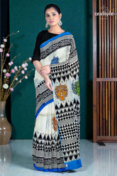 Hand block printed mulberry pure silk saree - goddess motif design 1