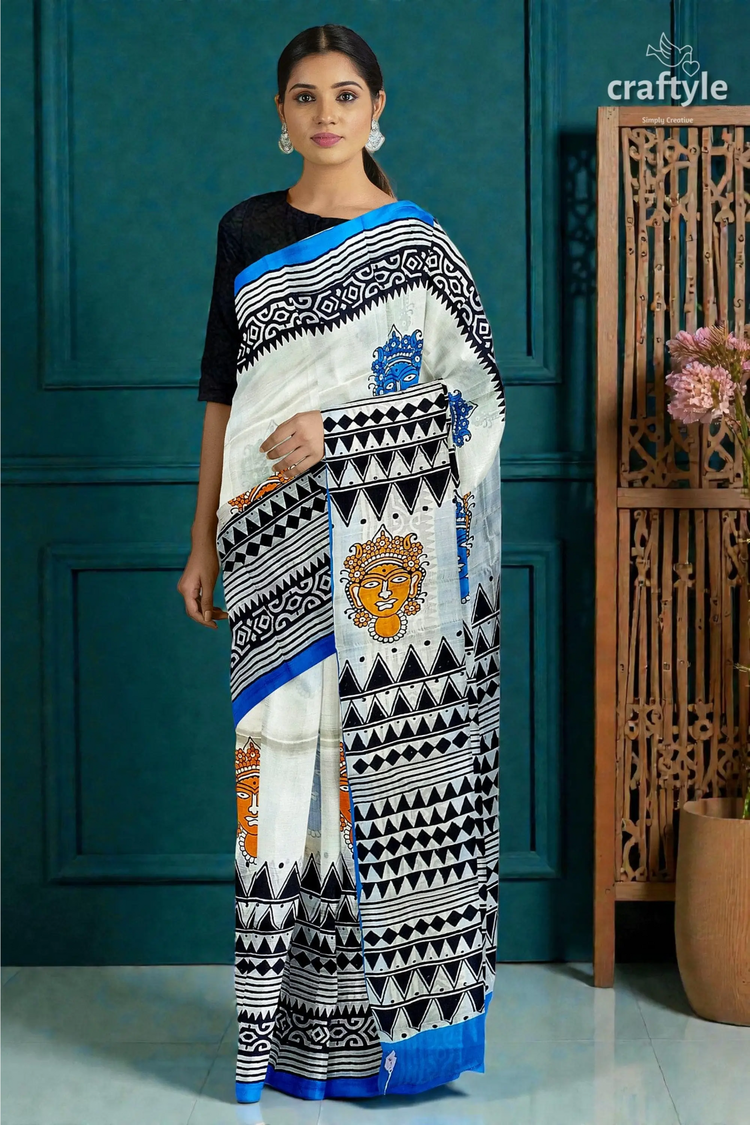 Hand block printed mulberry pure silk saree - goddess motif design 6