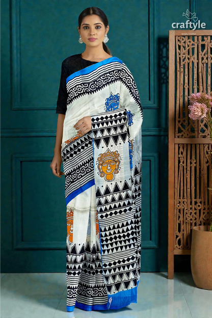 Hand block printed mulberry pure silk saree - goddess motif design 6