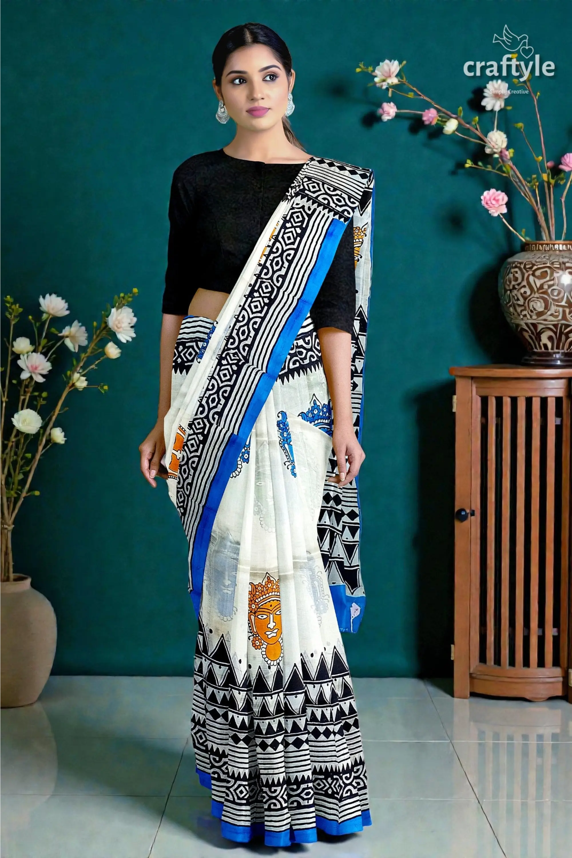 Hand block printed mulberry pure silk saree - goddess motif design 3